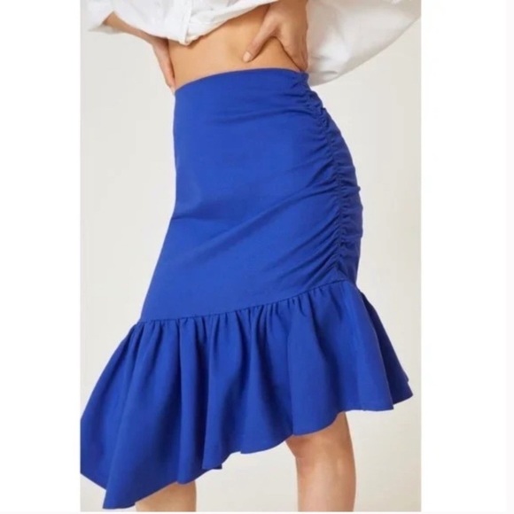 Anthropologie Maeve Slim Flounce Skirt Asymmetrical Ruffle Hem Royal Blue Size M - Picture 1 of 11